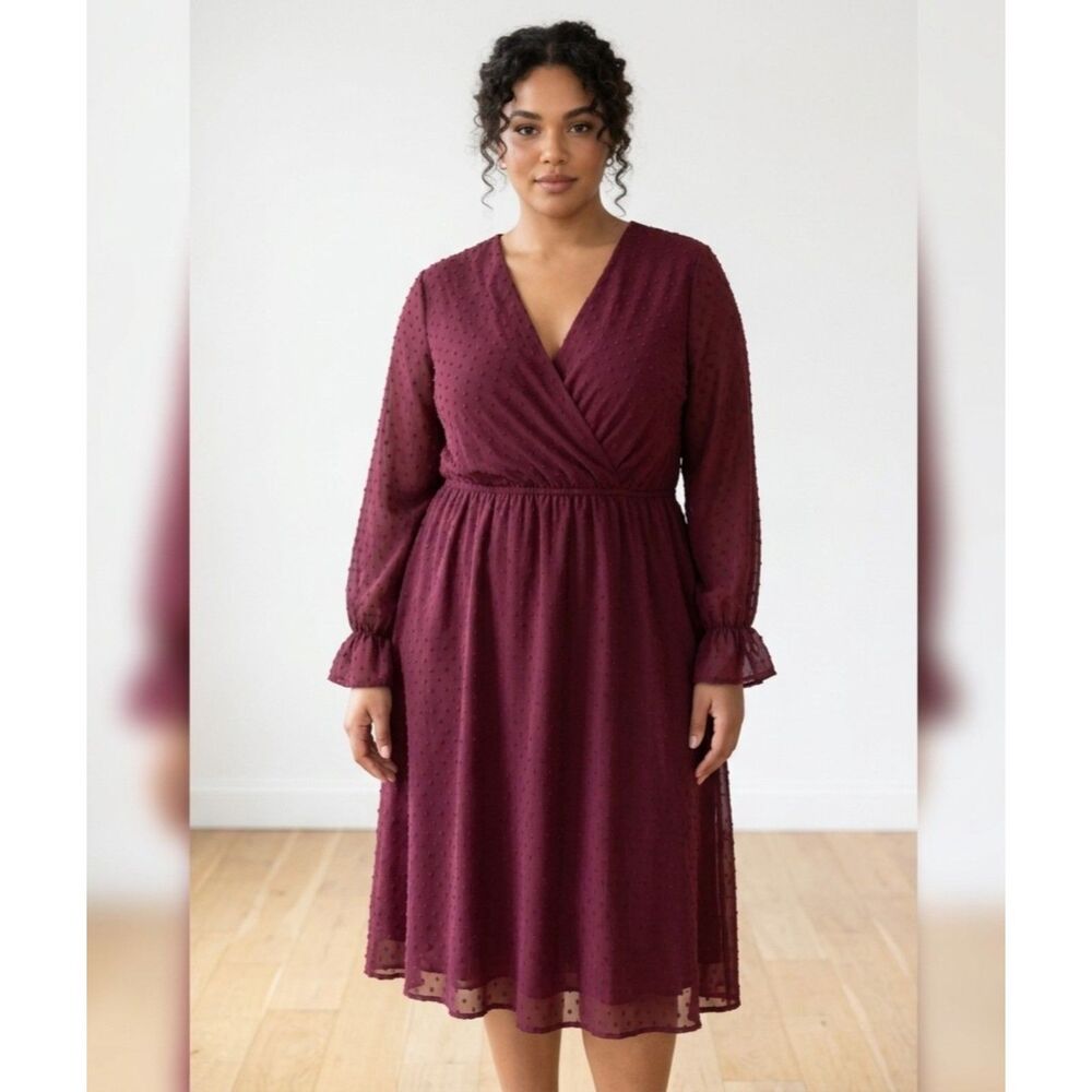 Missky NWT Burgundy Swiss Dot Faux Wrap Chiffon Midi Dress- Size XL